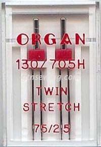 Organ Twin Stretch Sewing Needles 130 705H Single Size 75 2.5 mm - 2 Needles Per Pack